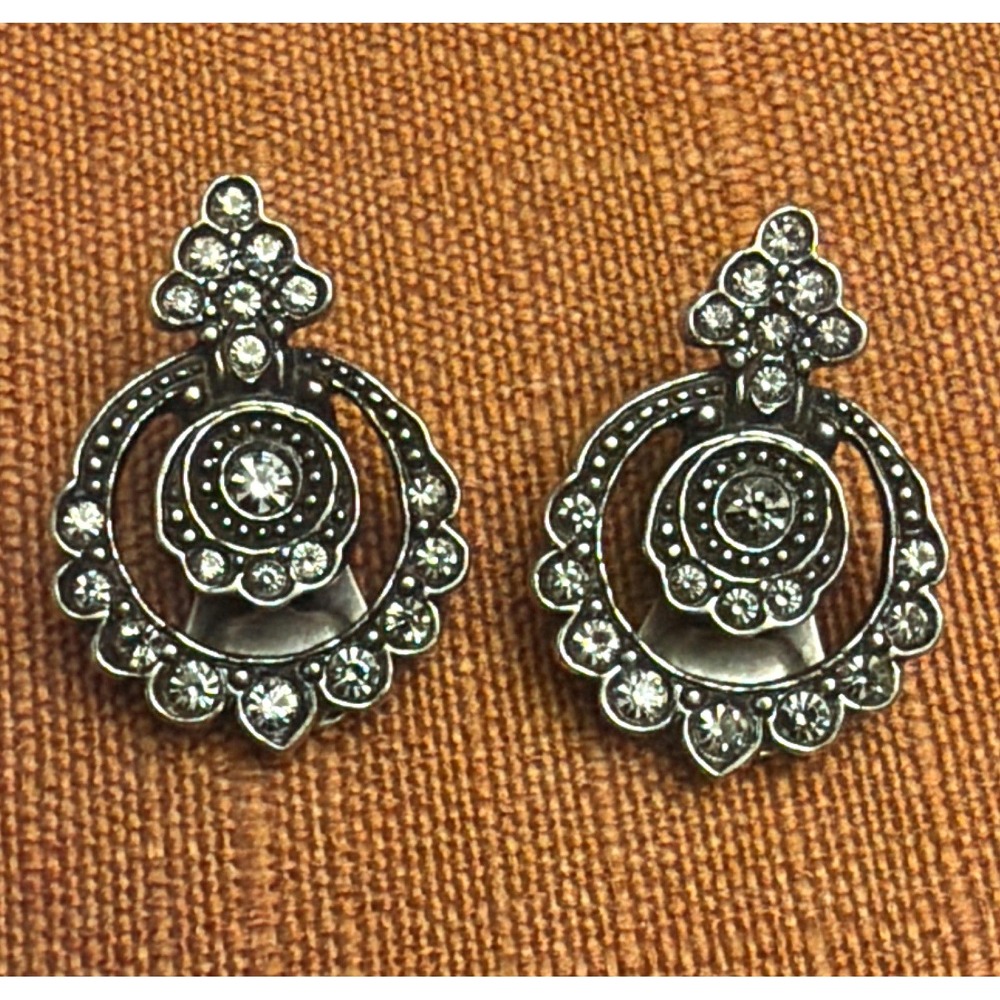 Christian Dior Signed Clip-On Earrings Silver Tone Clear Crystal Swirl